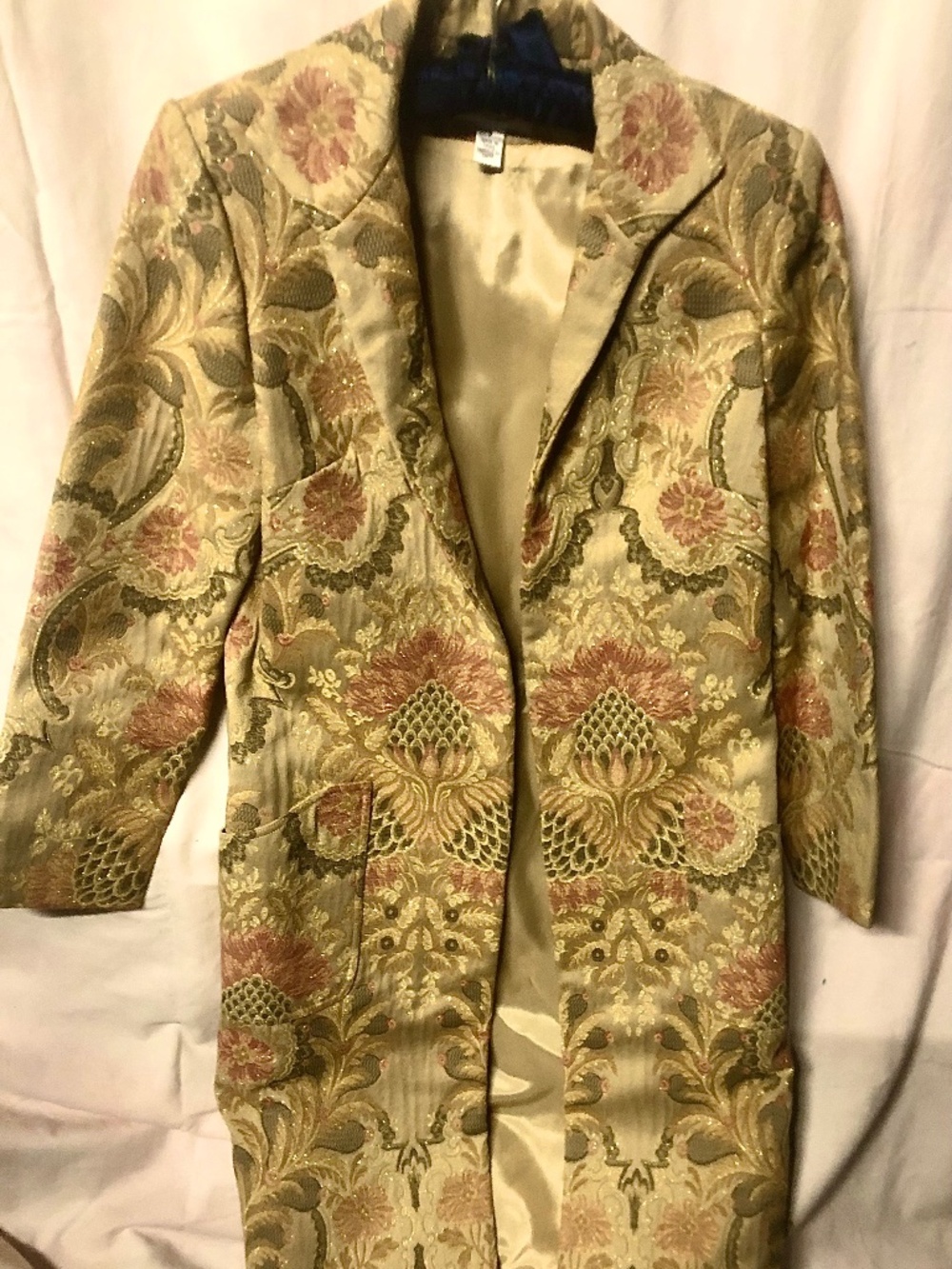 Vintage Talbots Tapestry Car Coat Size 8 Long Gold Pink Floral Jacquard Duster